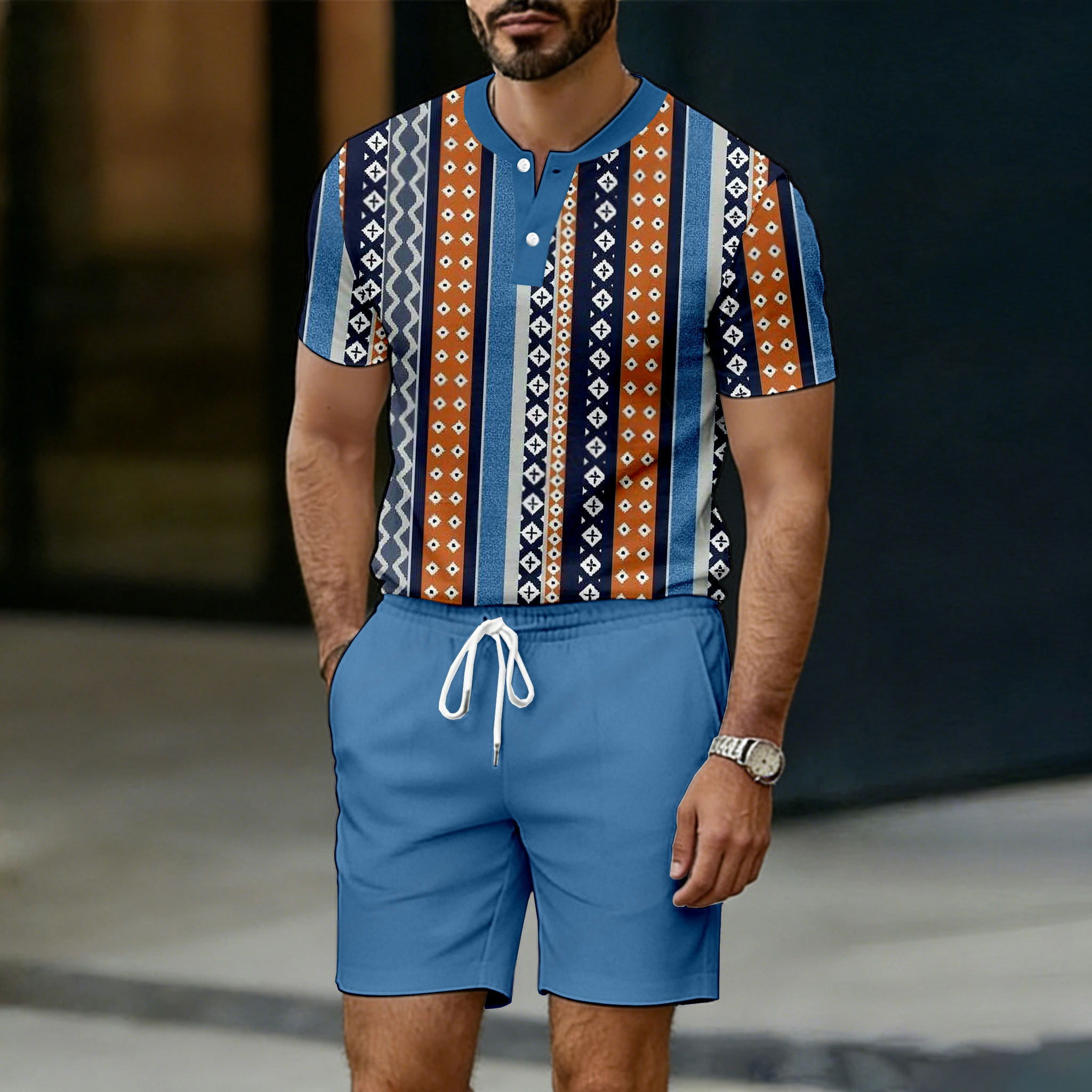 Conjunto de dos piezas casual Blue rayas estampado Crew Neck Button-Up de manga corta camiseta And shorts para hombre