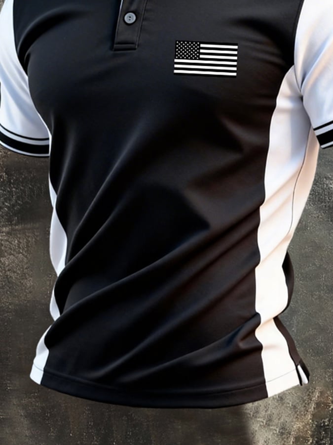 para hombre retro Patriotic Color-Block de manga corta camisa polo