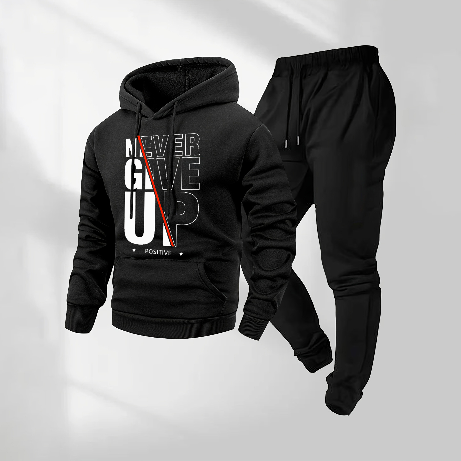 Sudadera con capucha Never Give Up Letter Pattern estampado and Drawstring Sweatpantalón Set, Menswear, casual Athletic de manga larga Hooded chaqueta & Trousers for Fall & Winter, Clothing for para uso diario Wear, Sportswear Indoor para exterior, Tracksuit, Athleisure para hombre