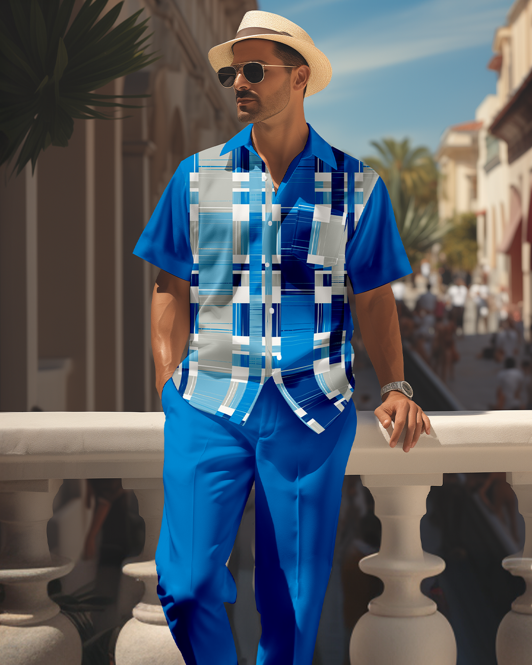 Camisa retro colorblock de manga corta walking Suit 1698 para hombre