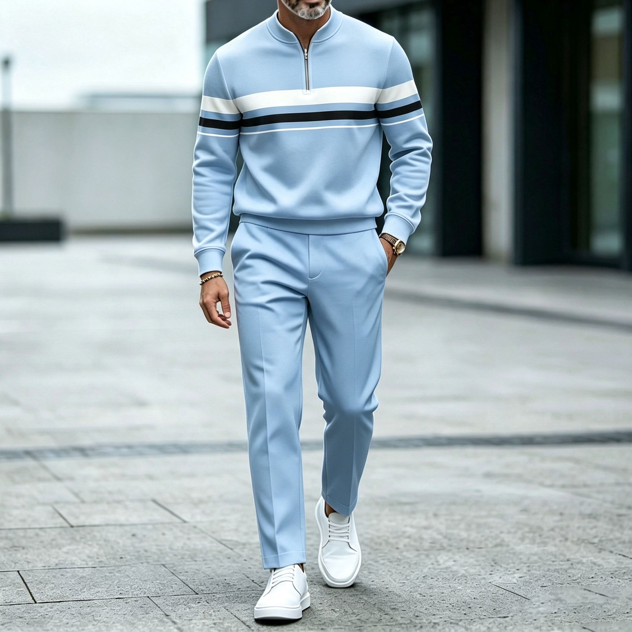 para hombre a rayas Crew-Neck Zipper de manga larga Top and pantalón Set