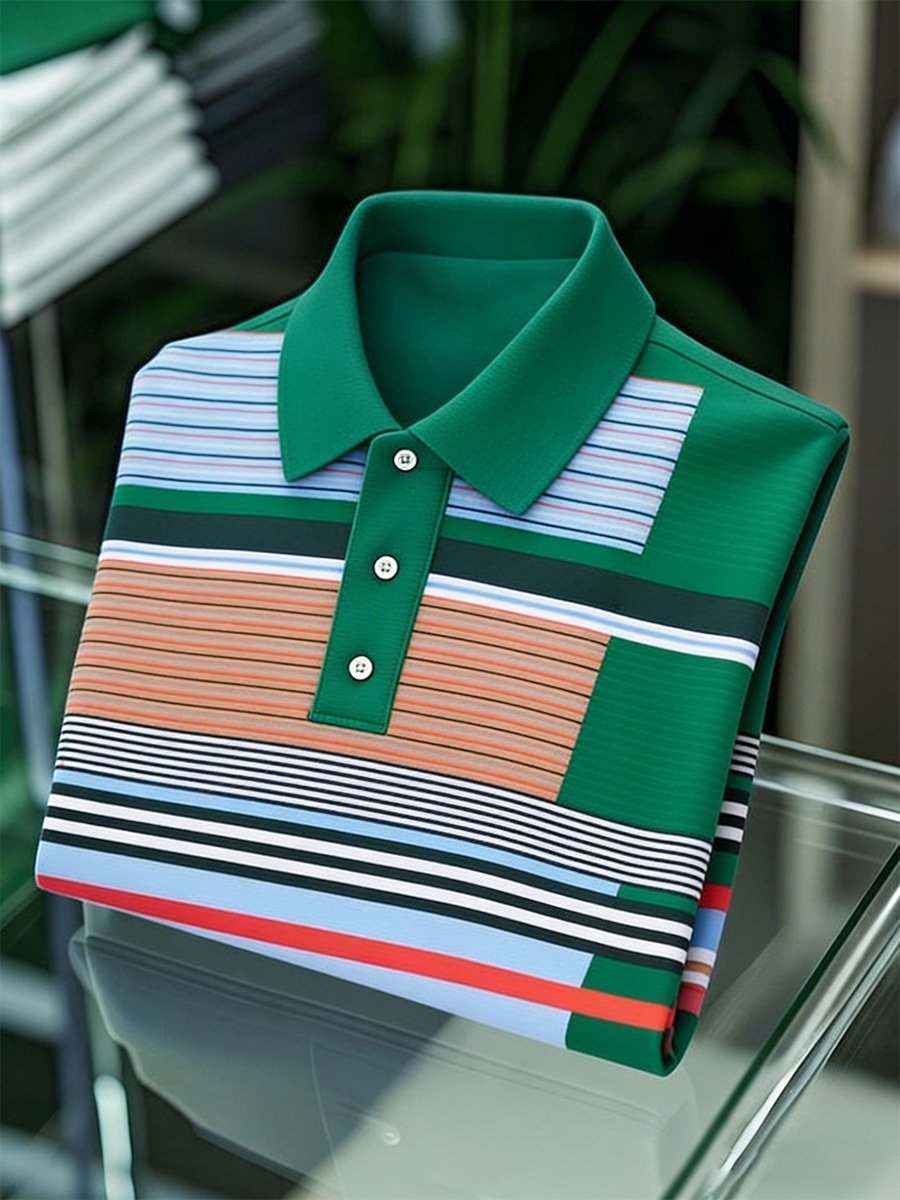 Camisa polo vintage ejecutivo a rayas de manga larga para hombre