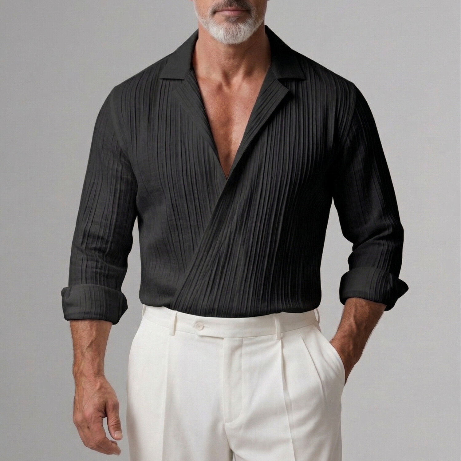 Camisa ejecutivo casual White Wrinkled Texture Lapel Collar Wrapped de manga larga para hombre