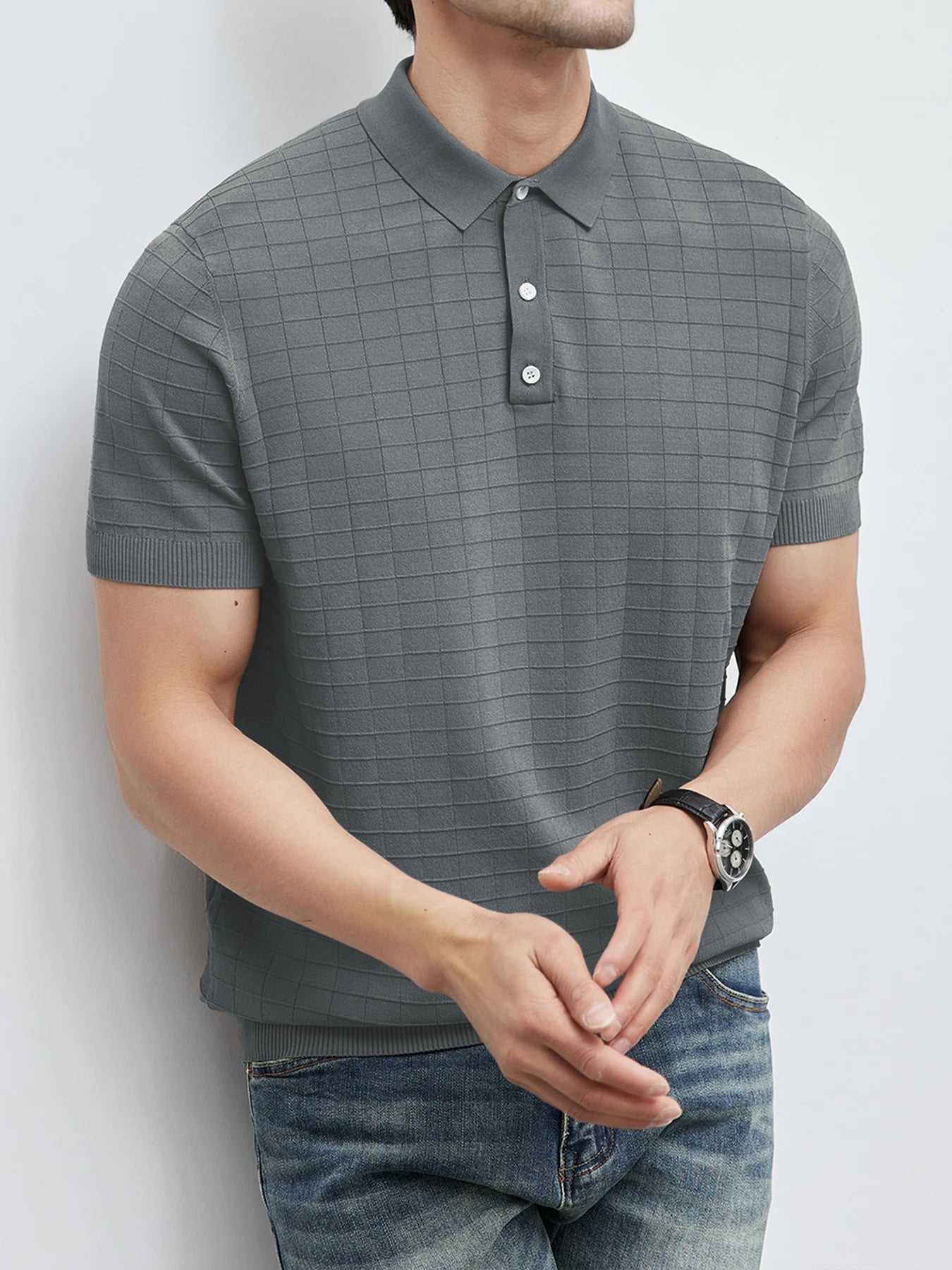 Gentletejido Checkered de manga corta tejidoted Polo