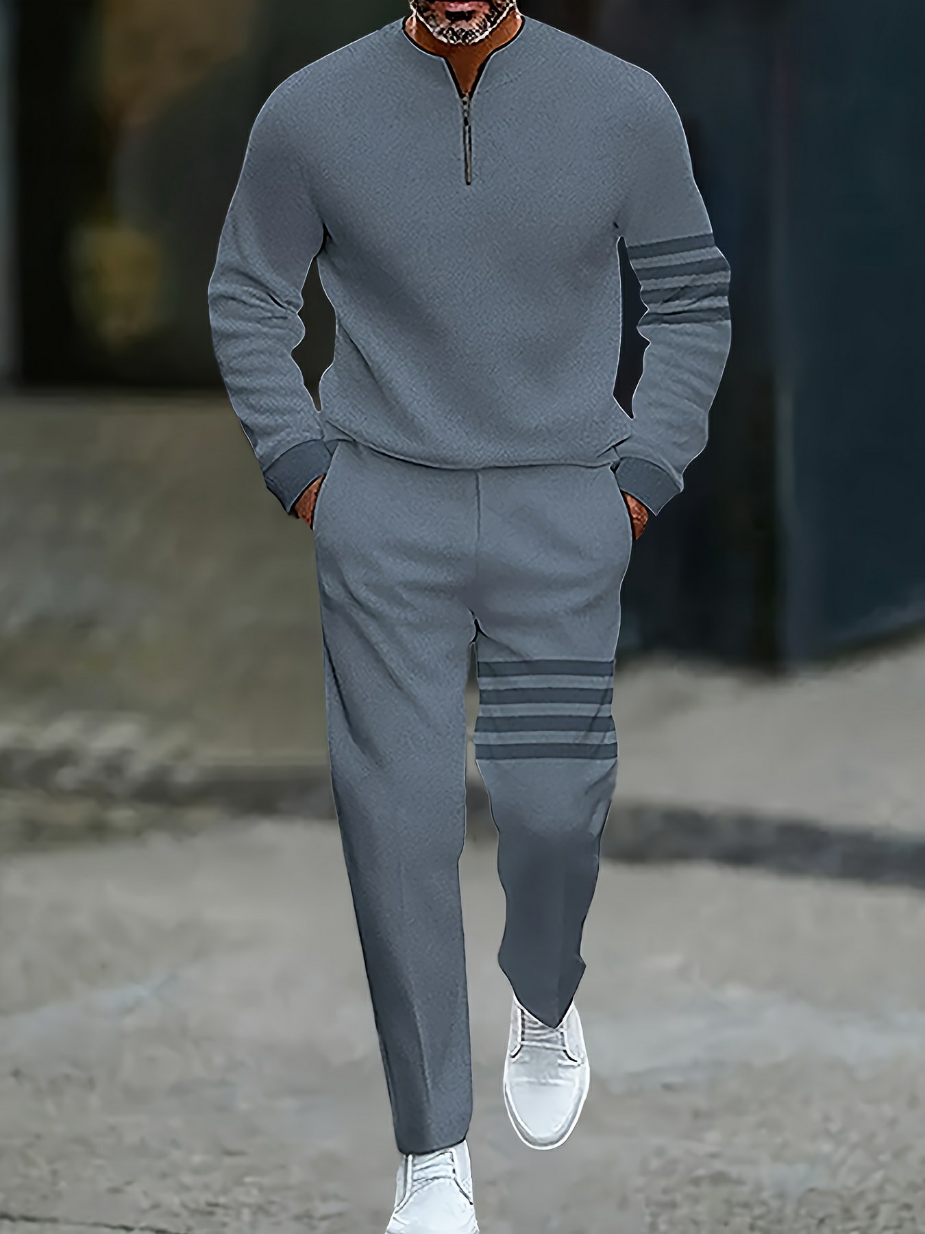 Conjunto de dos piezas casual Gray Blue Color Matching a rayas estampado Round-Neck Zipper de manga larga Trousers para hombre