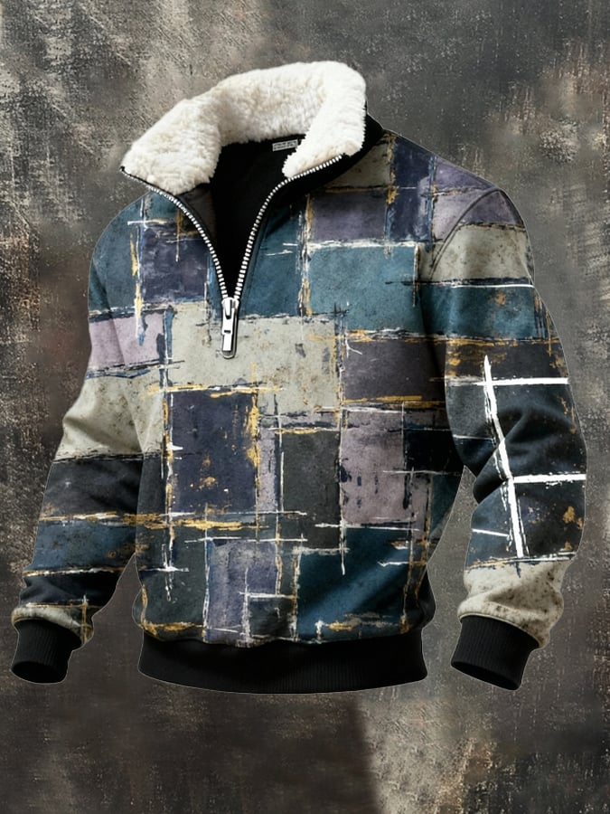 Sudadera retro en bloques de color estampado casual Fur cuello para hombre