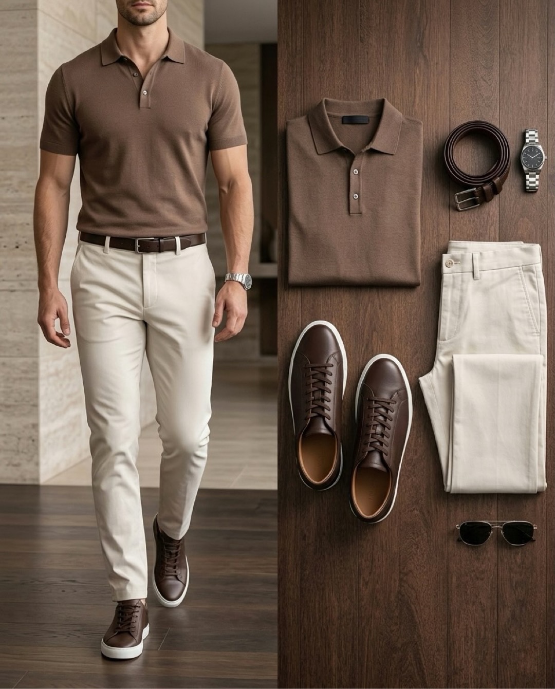 Conjunto de dos piezas casual Brown Color de manga cortas camisa polo & Jeans pantalón para hombre