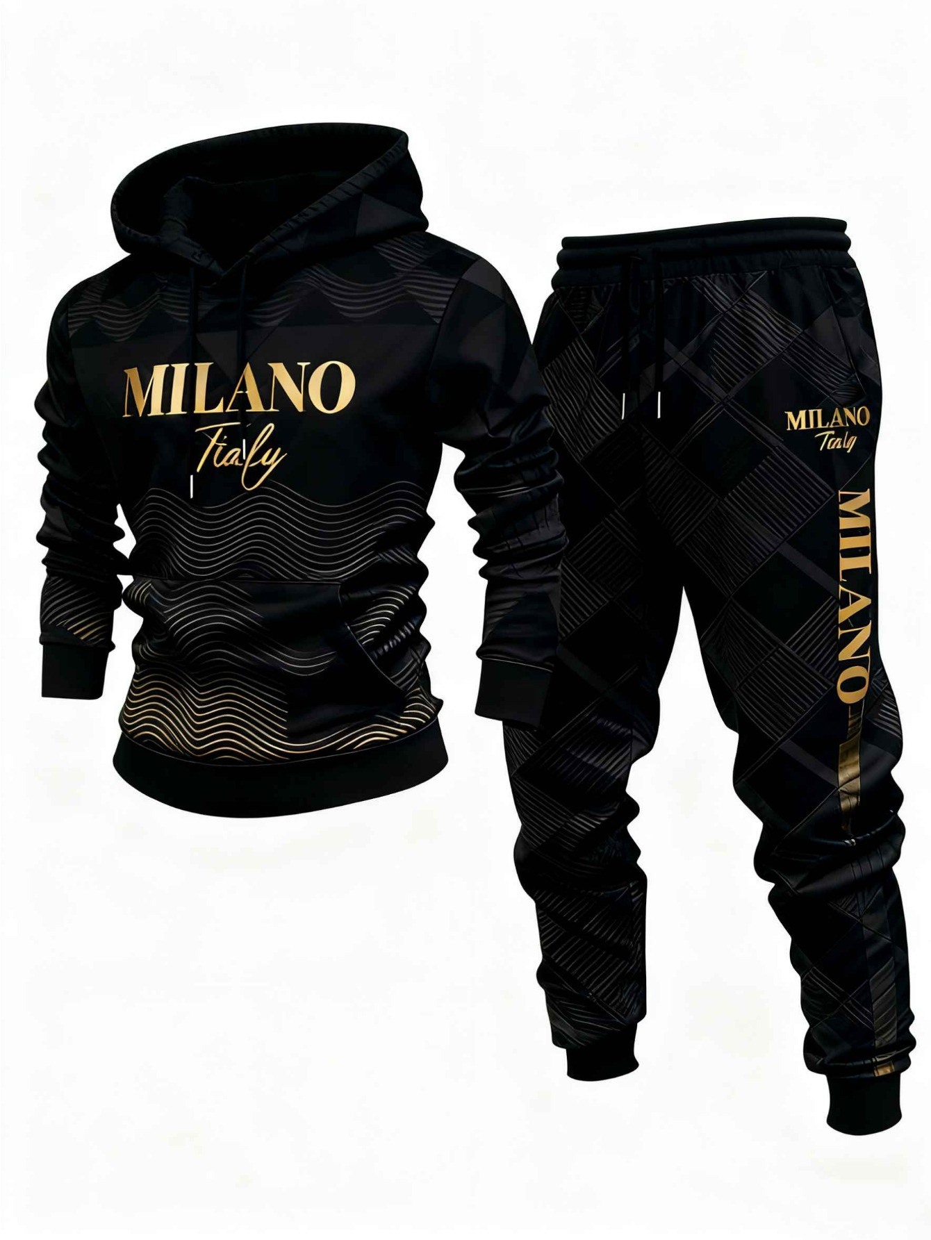 Conjunto de dos piezas casual Black Color Gradient Matching estampado sudadera con capuchas de manga larga sudaderas & Sweatpantalón para hombre