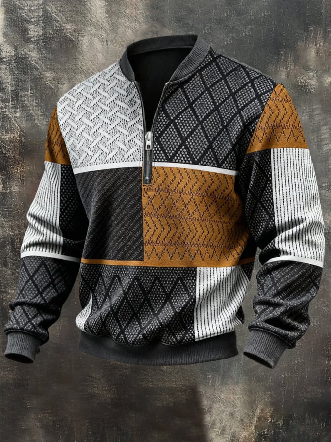Sudadera casual retro Contrast Color Half Zip Stand cuello de manga larga para hombre