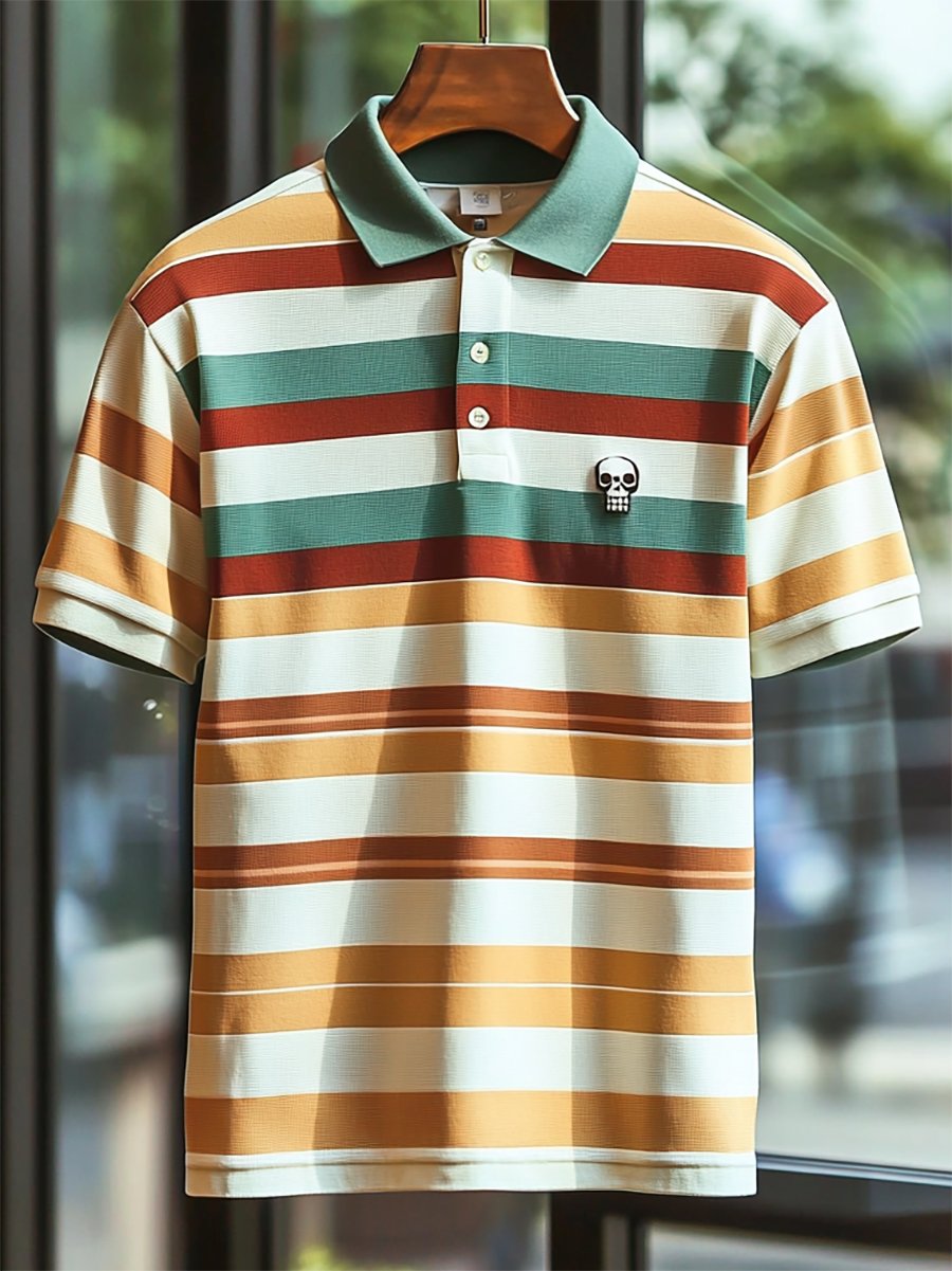 Camisa polo ejecutivo casual a rayas Skull Button de manga corta para hombre
