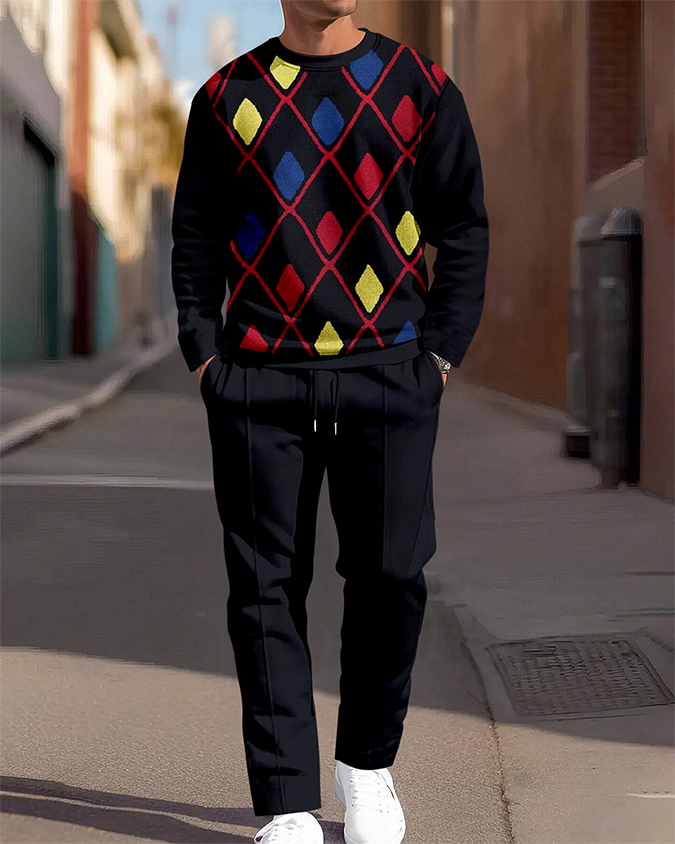 Simple Colorblock Round Neck casual Sports Set 071 para hombre