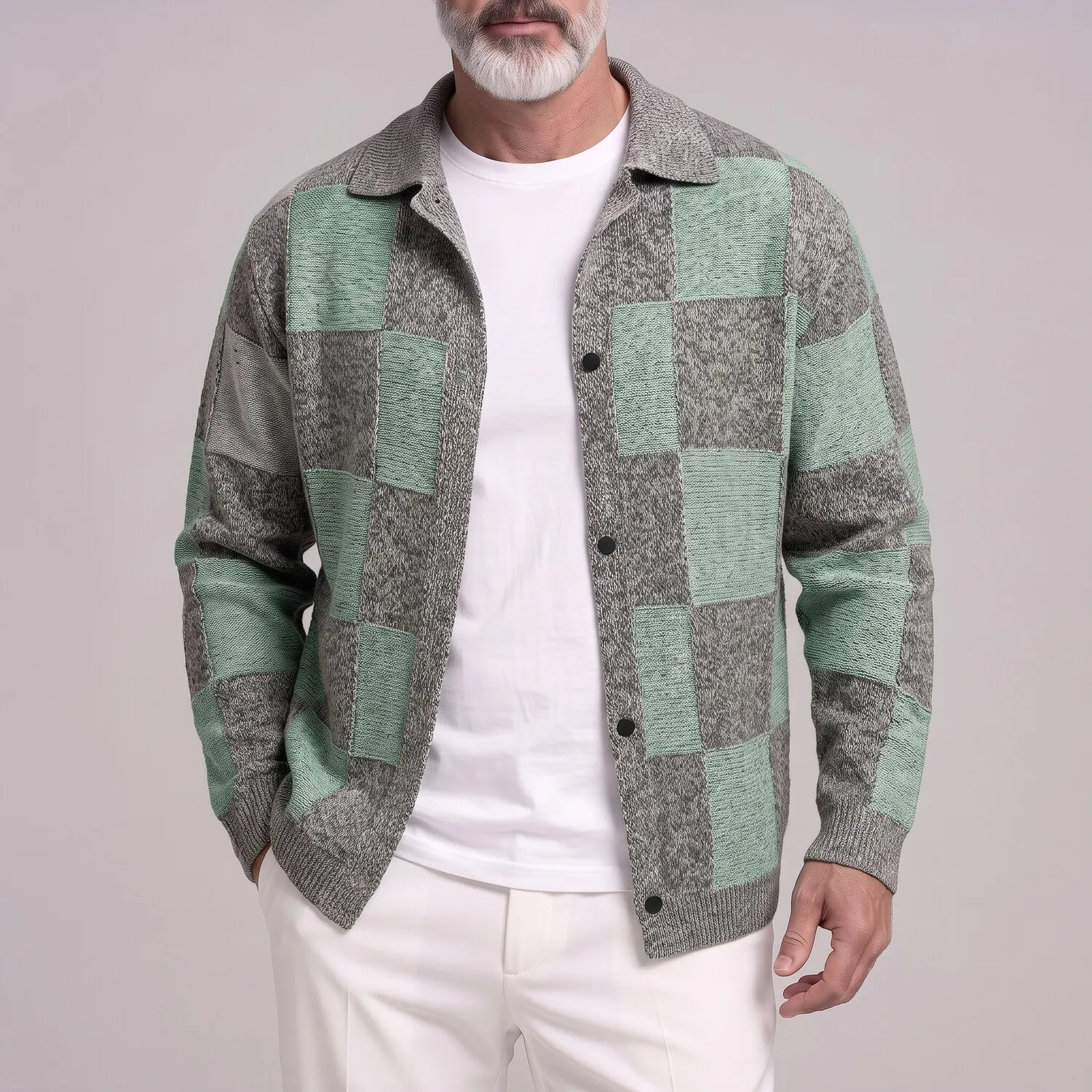 para hombre de moda Plaid Pattern Two-Tone Single Breasted tejidoted Cardigan