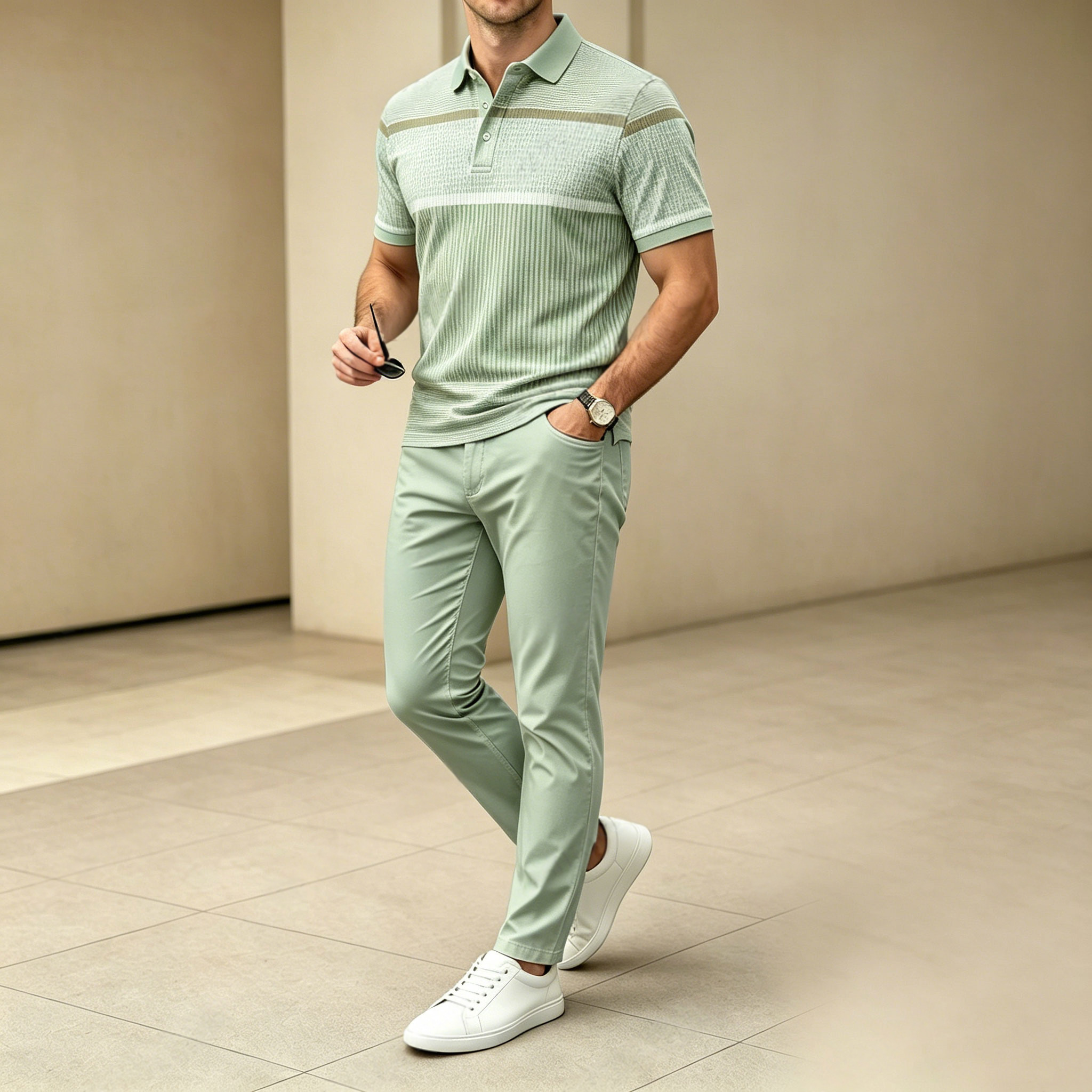 Conjunto de dos piezas casual Fruit Green estampado camisa polo And pantalón para hombre