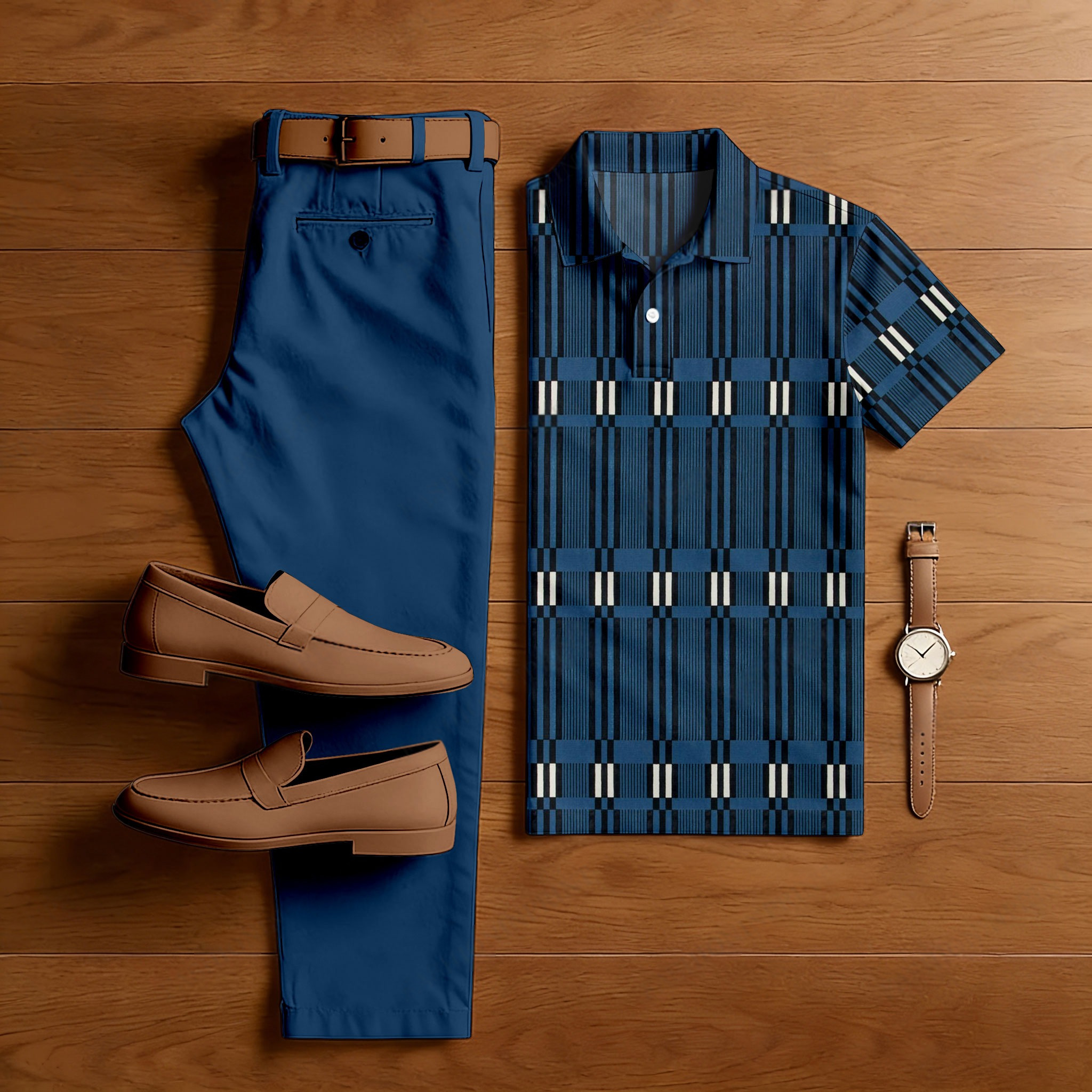 Conjunto de dos piezas casual Navy Blue rayas estampado camisa polo And Trousers para hombre