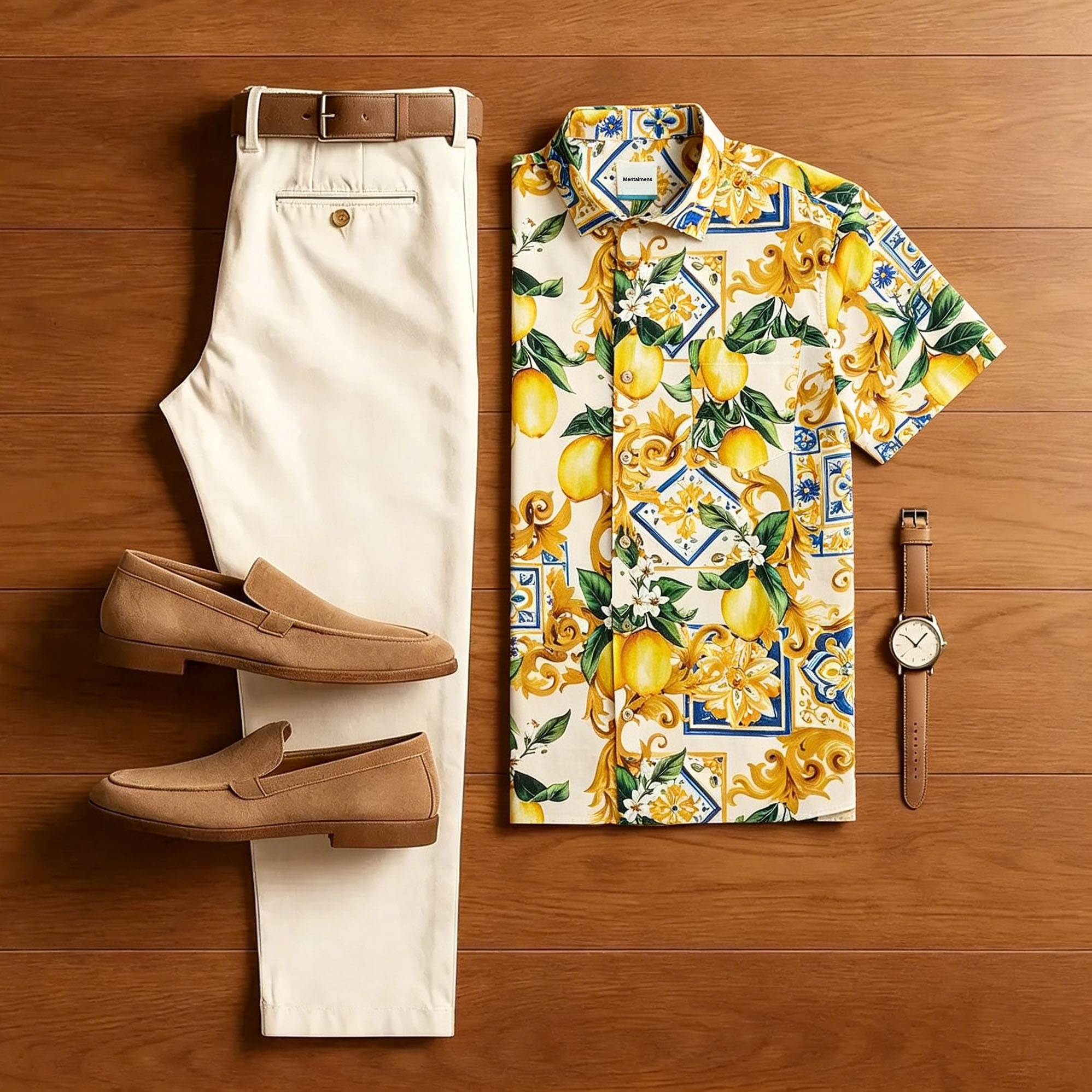 Conjunto de dos piezas retro Style Yellow Lemon estampado With Polo Collar camisa & pantalón para hombre