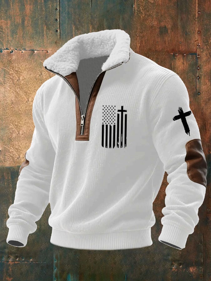 Sudadera Flag Cross estampado tejidoted Fabric cierre Fur cuello para hombre