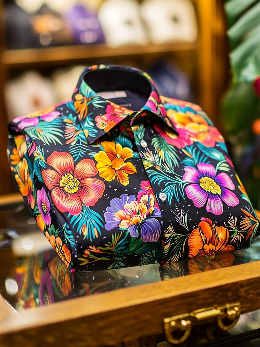 Camisa satén Luxe hawaiano estampado de manga corta Button para hombre