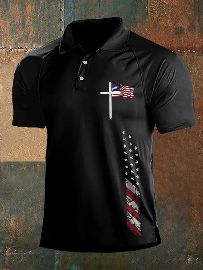 Camisa polo tejidoted vintage American Flag Faith Cross para hombre