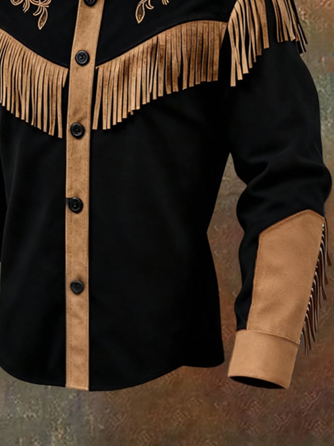 Camisa vintage Patchpara trabajo Color-Block gamuza de manga larga With Tassels para hombre