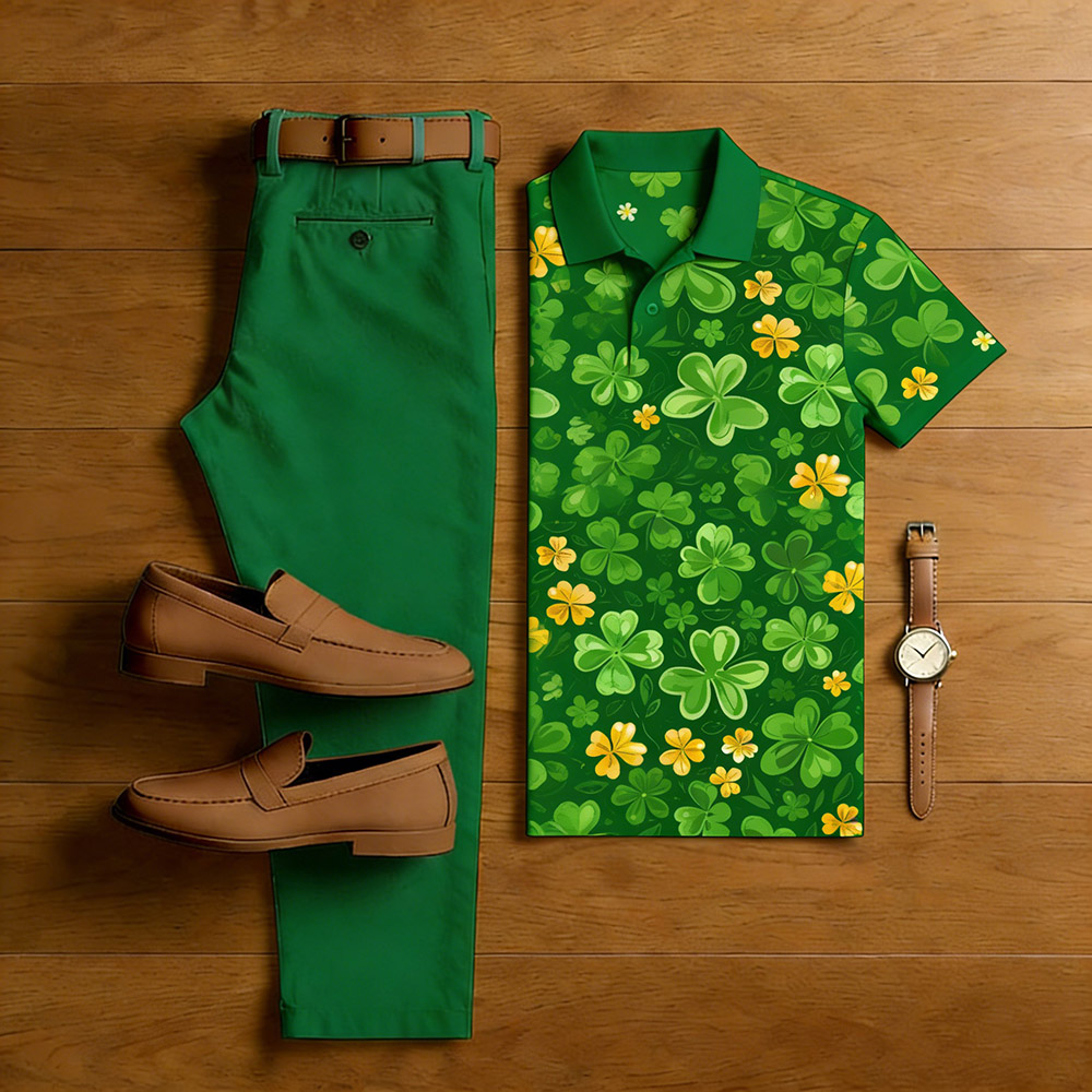Conjunto de dos piezas casual Green Color Matching de manga corta camisa polo & Trousers para hombre