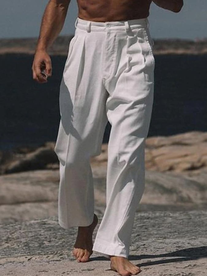 Casual de color sólido de algodón And de lino Trousers With bolsillos para hombre