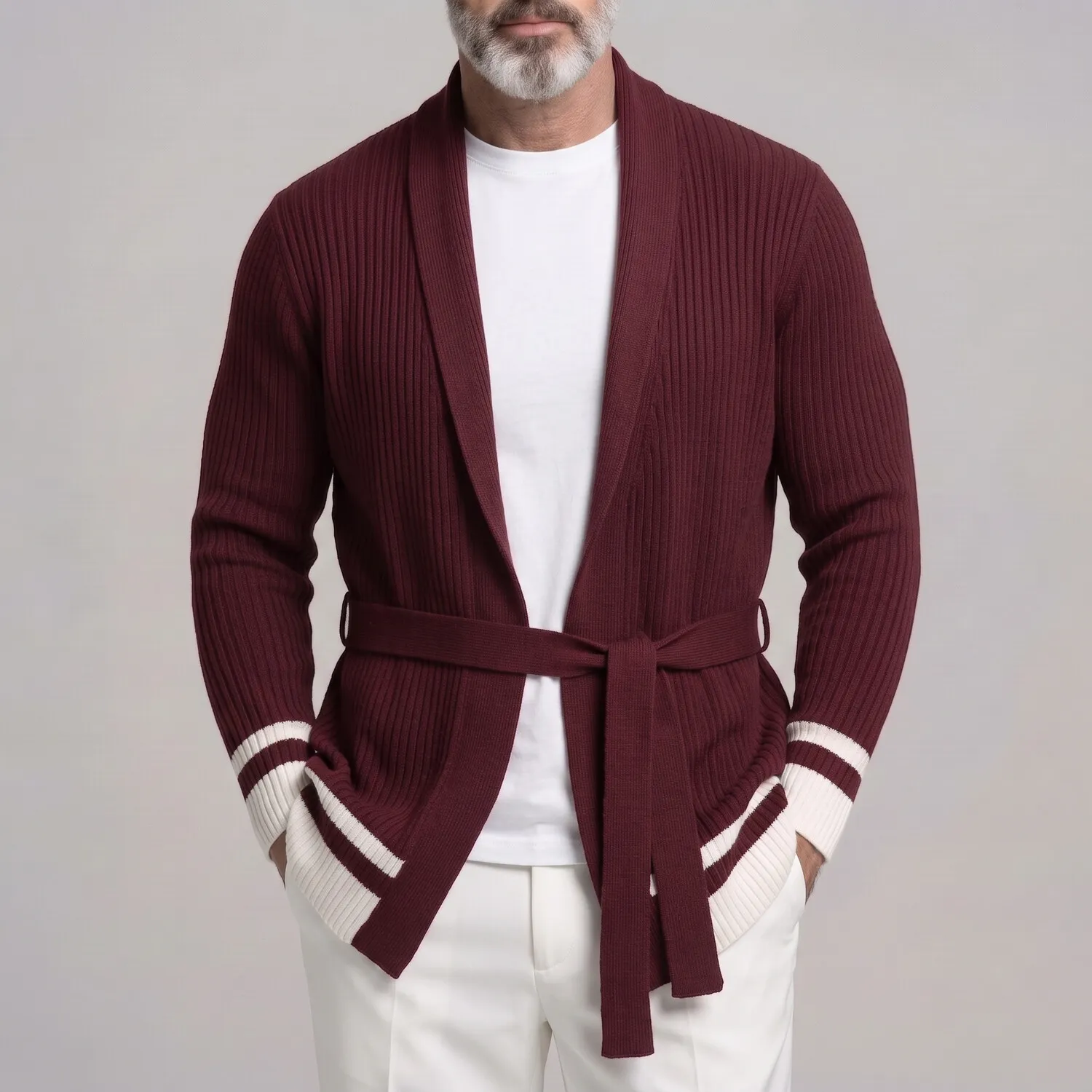 para hombre casual Shawl Collar Ribbed tejido Self Tie Belt Contrast a rayas de manga larga Open Front Cardigan