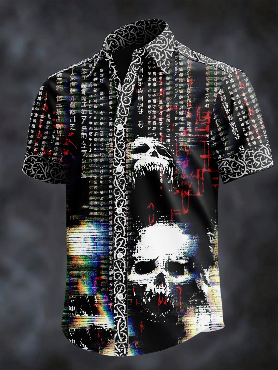 Camisa retro Horror Skull estampado solapa de manga corta para hombre