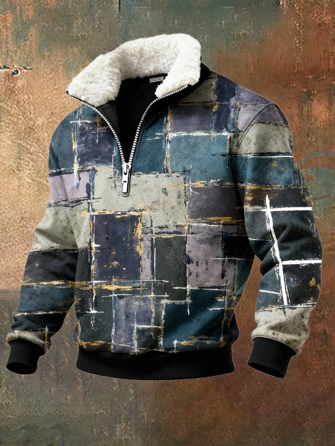 Sudadera retro en bloques de color estampado casual Fur cuello para hombre