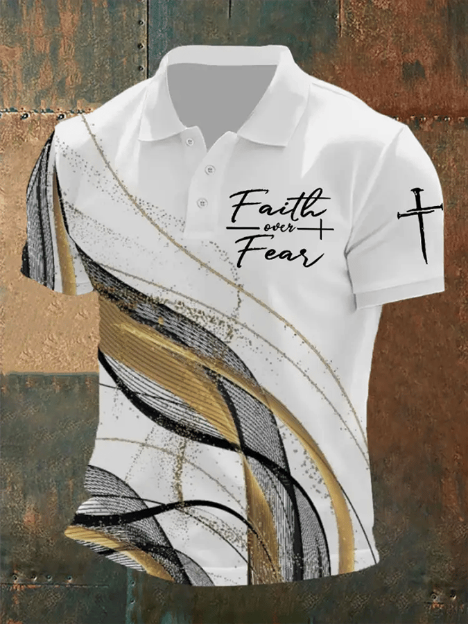 Camisa polo retro Faith “Faith Over Fear�? casual estampado para hombre