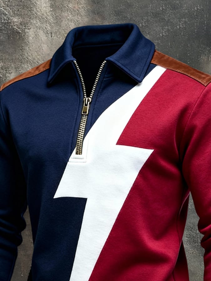 Sudadera vintage Color-Block estampado con cierre para hombre