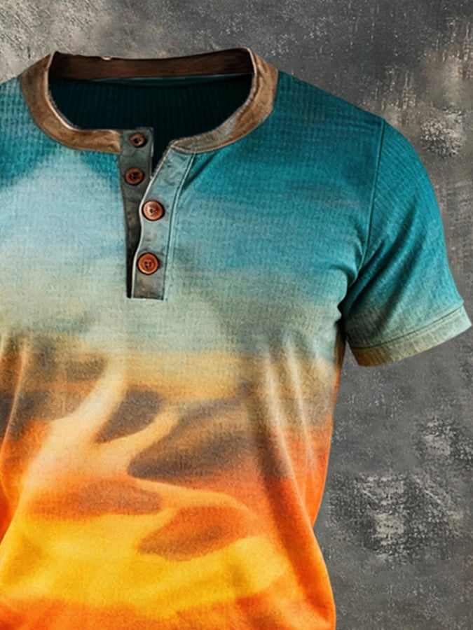 Camiseta vintage-Style Color-Block de manga corta With Henley cuello para hombre