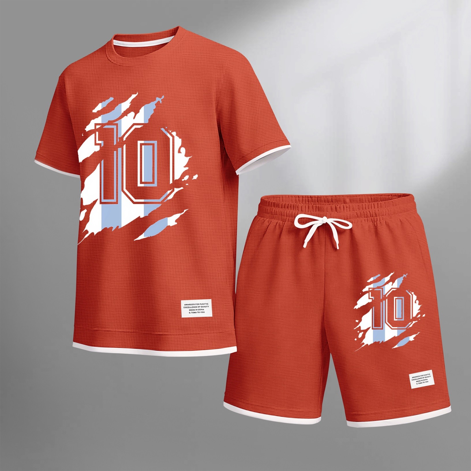 Camisa clásico number 10 estampado drawstring shorts set, suitable for spring and summer wear. This casual summer set includes a de manga corta and shorts, perfect for everyday wear and sports. para hombre