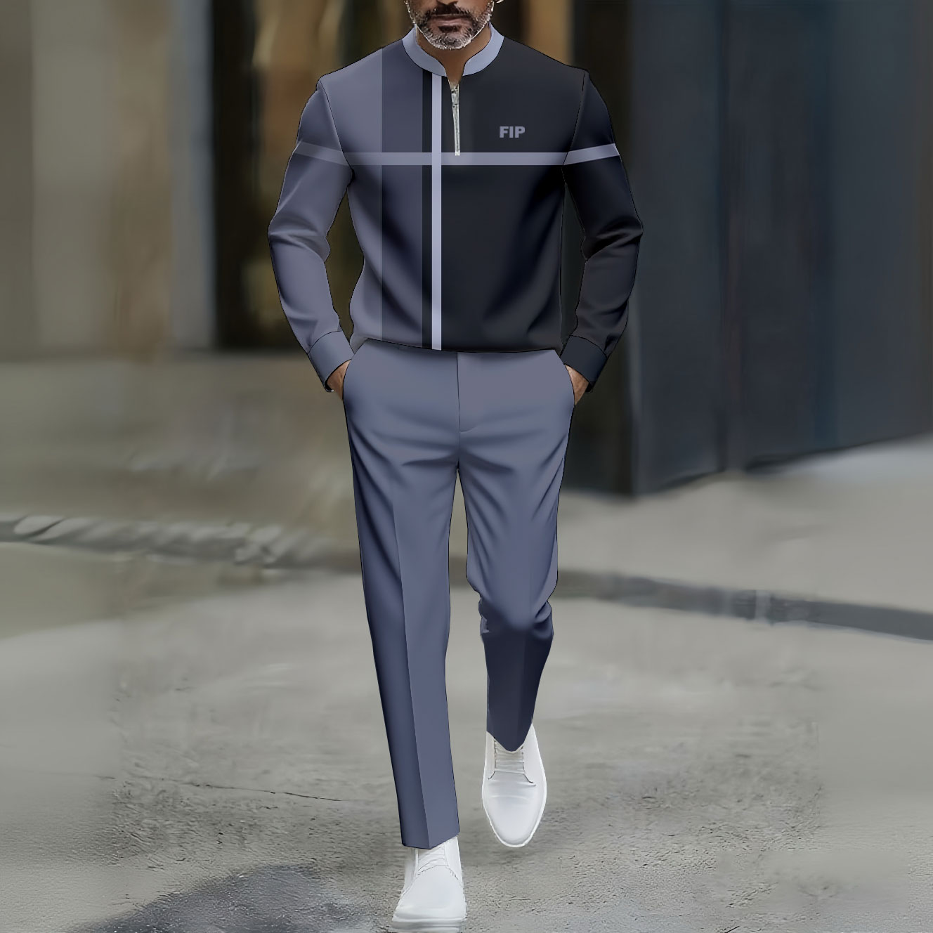 Conjunto de dos piezas casual Black & Gray Color Matching Geometric estampado Round-Neck Zipper de manga larga Trousers para hombre