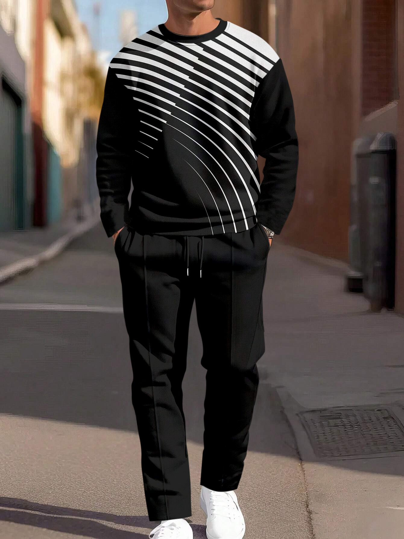 Simple Colorblock Round Neck casual Sports Set 075 para hombre