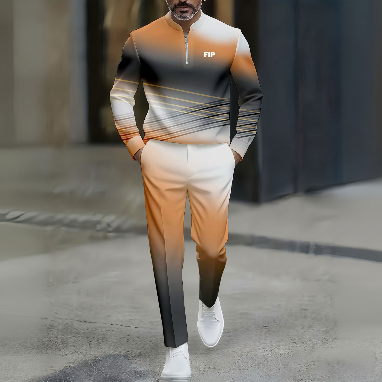 Conjunto de dos piezas casual Orange Black And White Gradient Color Matching estampado Round-Neck Zipper de manga larga Trousers para hombre