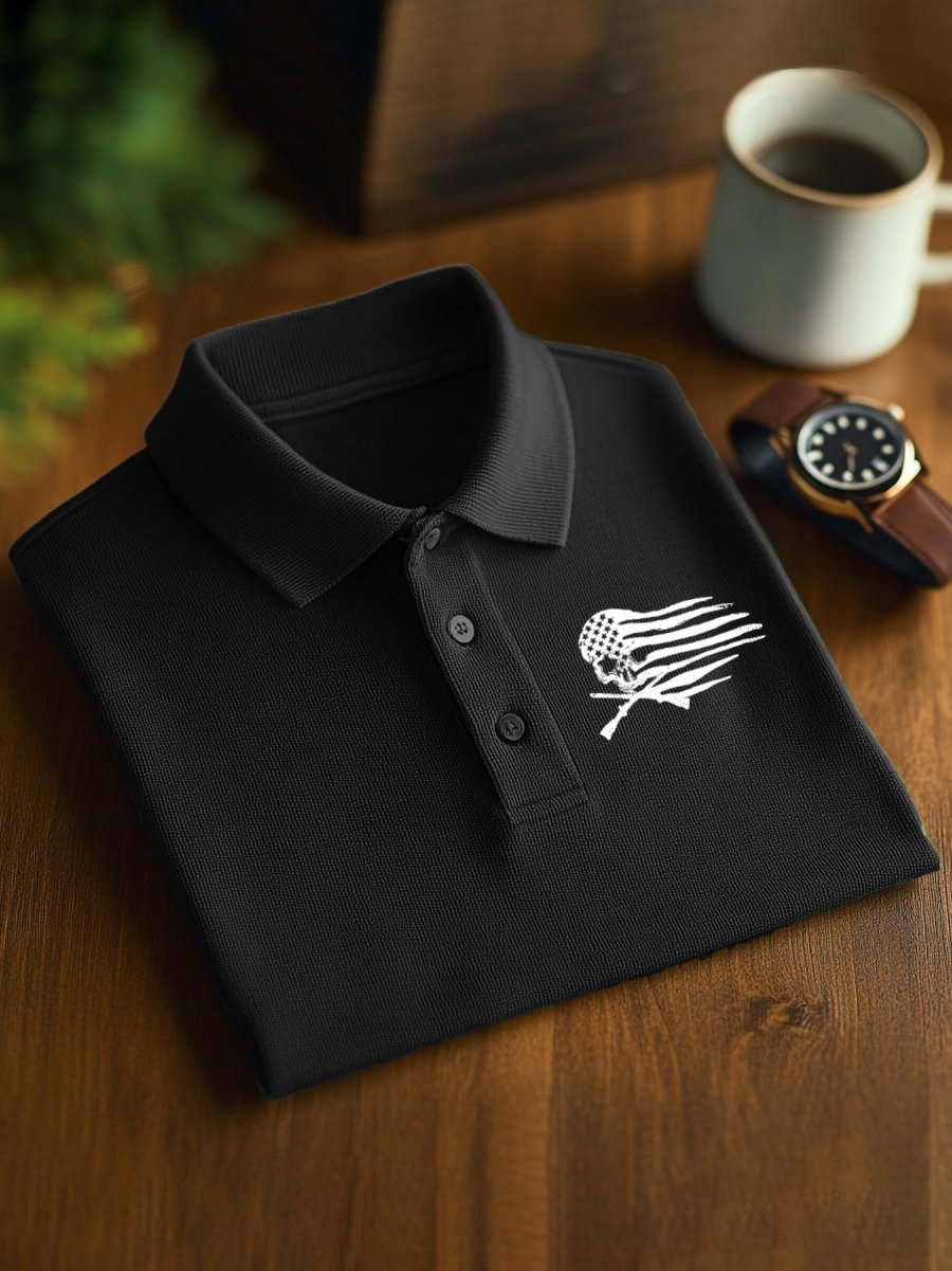 Camisa polo ejecutivo casual Skull Flag Button de manga corta para hombre