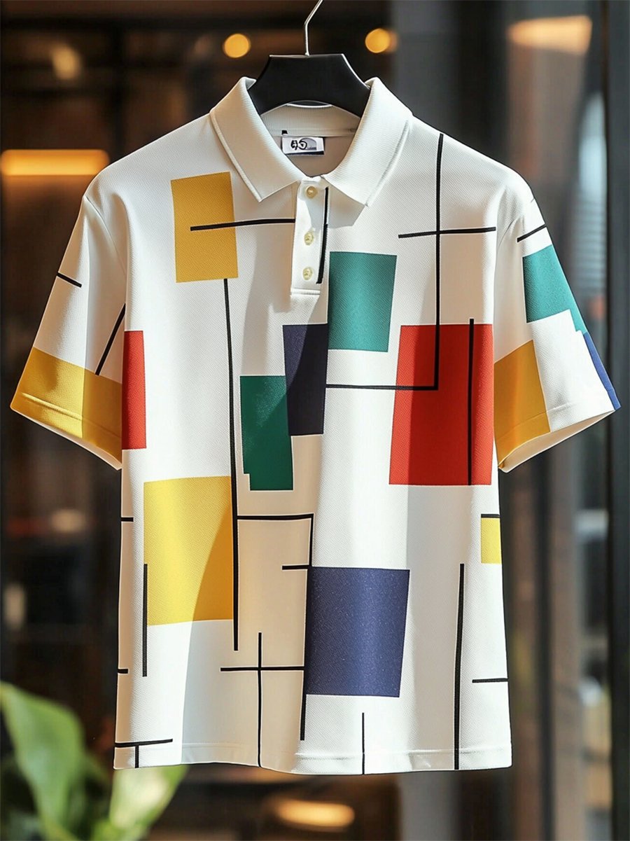 Camisa polo vintage casual Bauhaus Geometric Art Button de manga corta para hombre