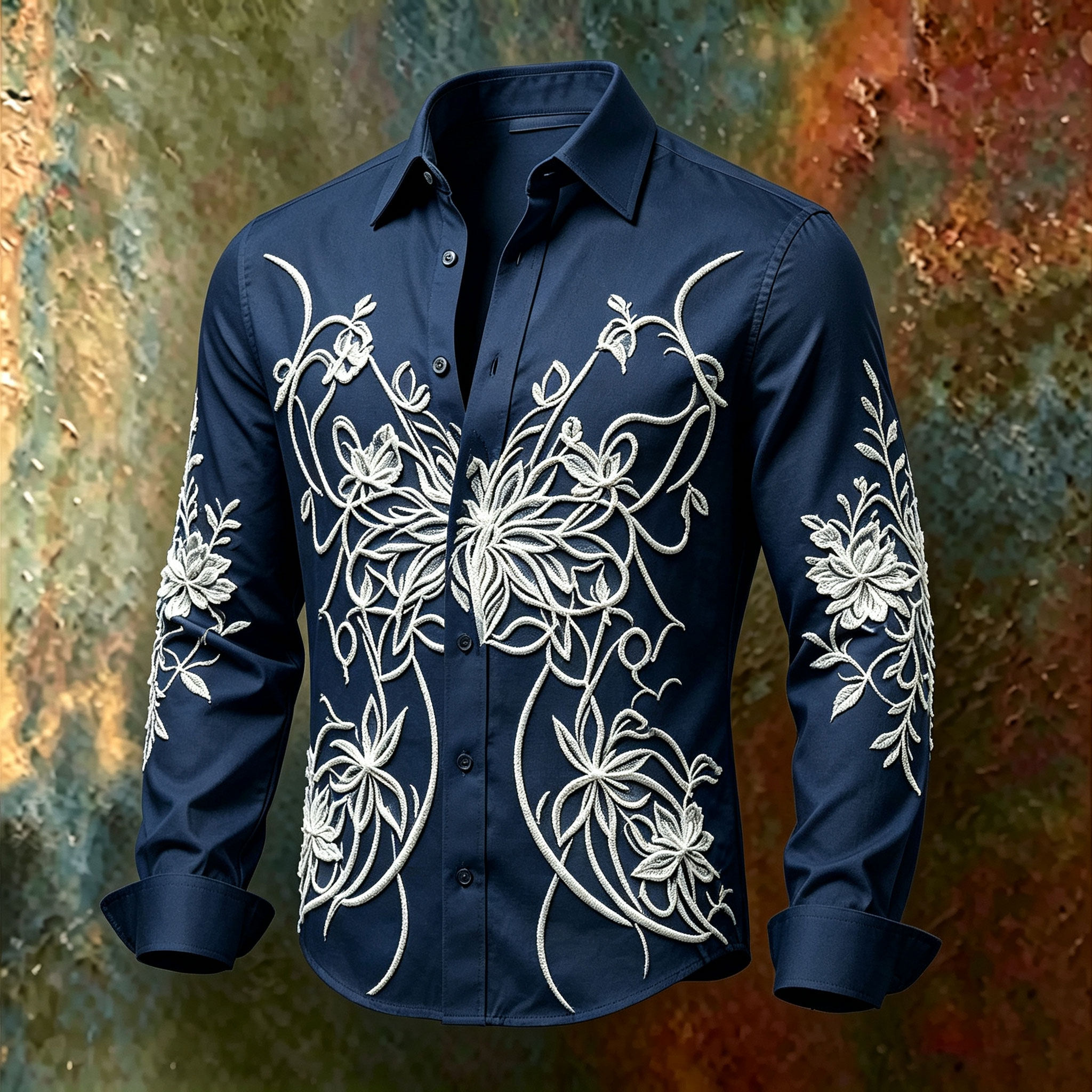 para hombre floral-Print de manga larga camisa