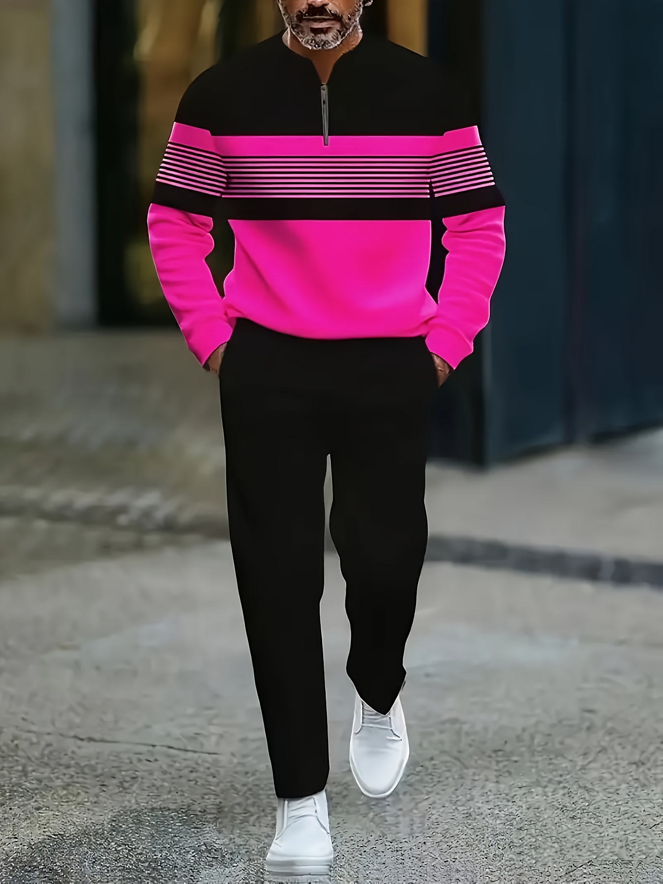 Conjunto de dos piezas casual Color Matching estampado Round-Neck Zipper de manga larga Trousers para hombre
