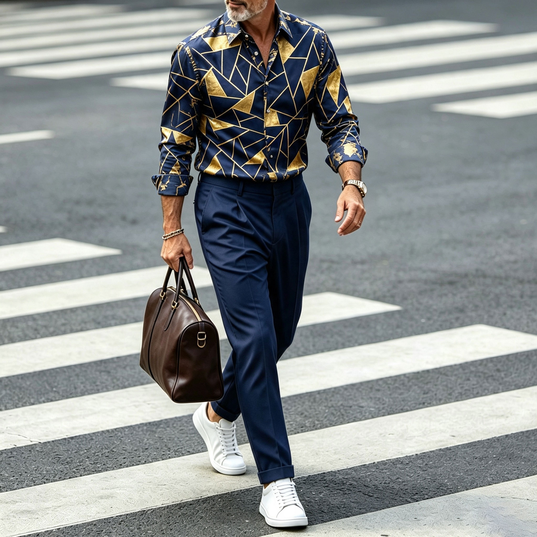 para hombre Geometric Print Lapel de manga larga camisa and pantalón Set