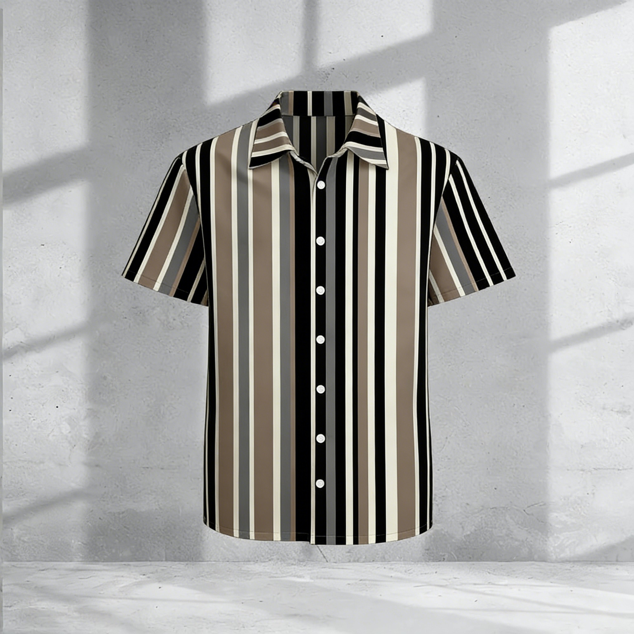 Camisa casual Black &Gray & Khaki Color Matching a rayas estampado para hombre