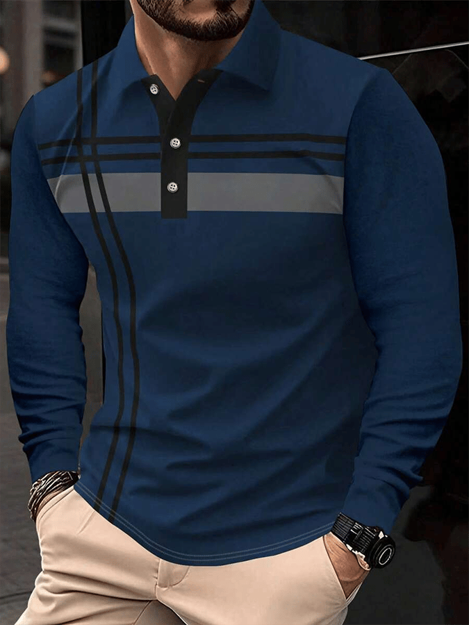 Camisa polo a rayas ejecutivo casual de manga larga para hombre