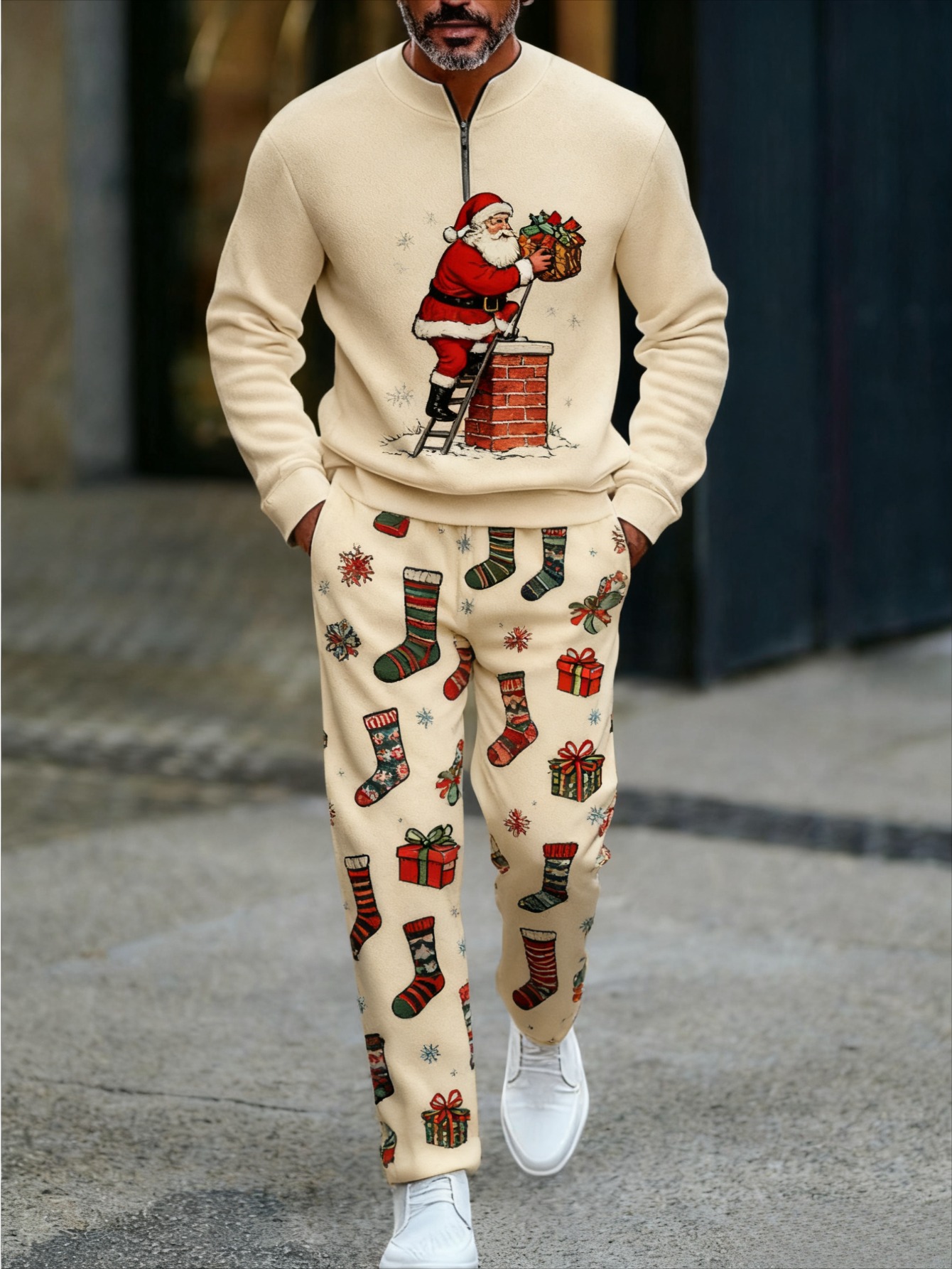 Conjunto de dos piezas Christmas estampado Round-Neck cierre de manga larga Trousers para hombre