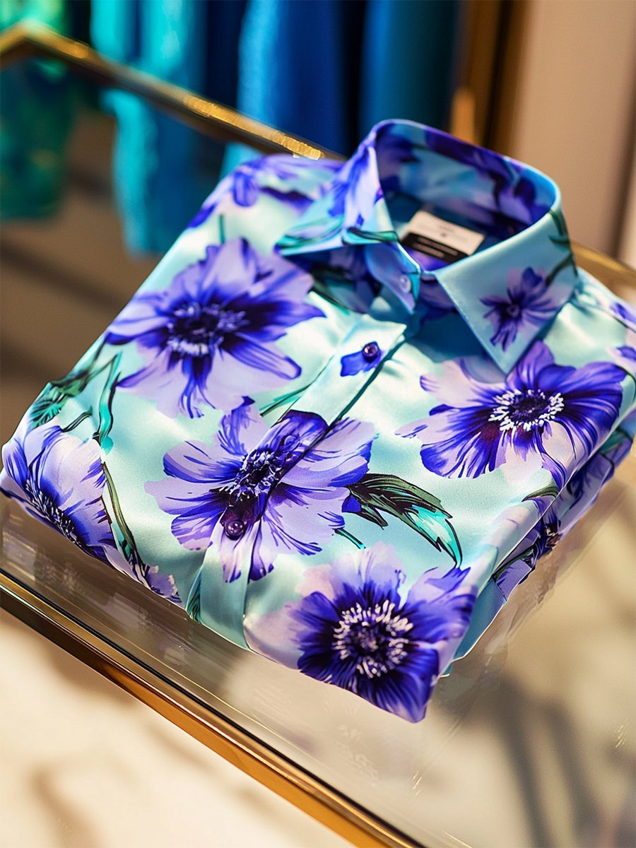 Camisa satén Luxe hawaiano estampado de manga corta Button para hombre