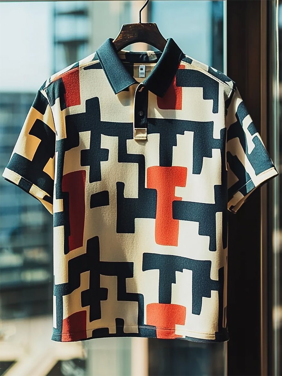 Camisa polo vintage casual Bauhaus Geometric Art Button de manga corta para hombre