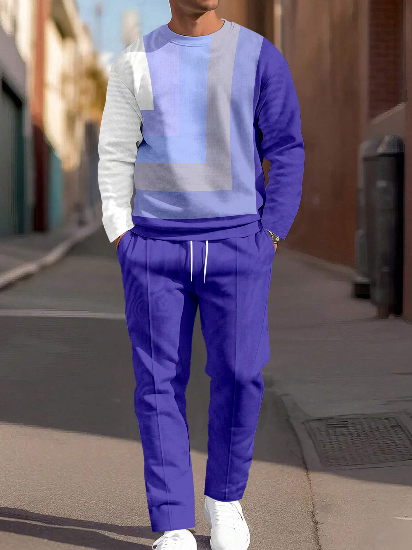 Simple Colorblock Round Neck casual Sports Set 079 para hombre