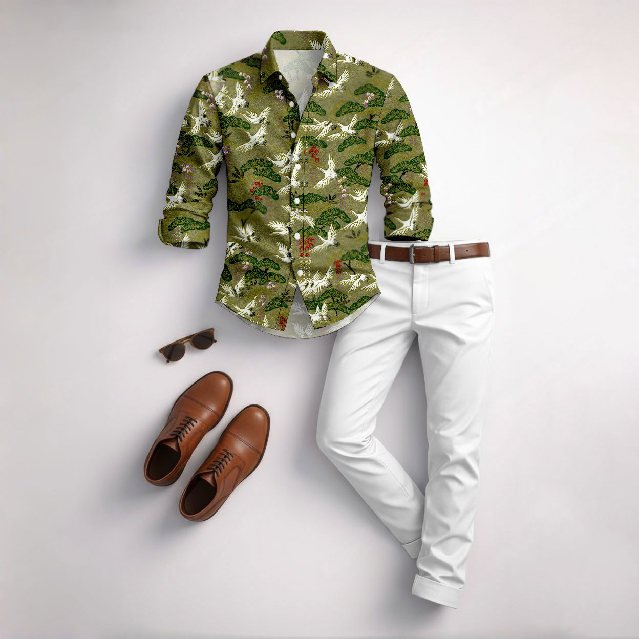 Conjunto de dos piezas casual Green Color Matching Geometric estampado de manga larga camisa & Trousers para hombre