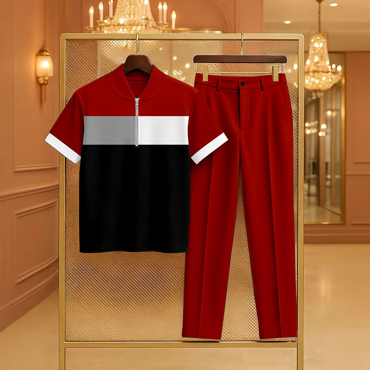 Conjunto de dos piezas casual Red & Black Color Matching Geometric estampado Zipper de manga corta camisa polo & Trousers para hombre