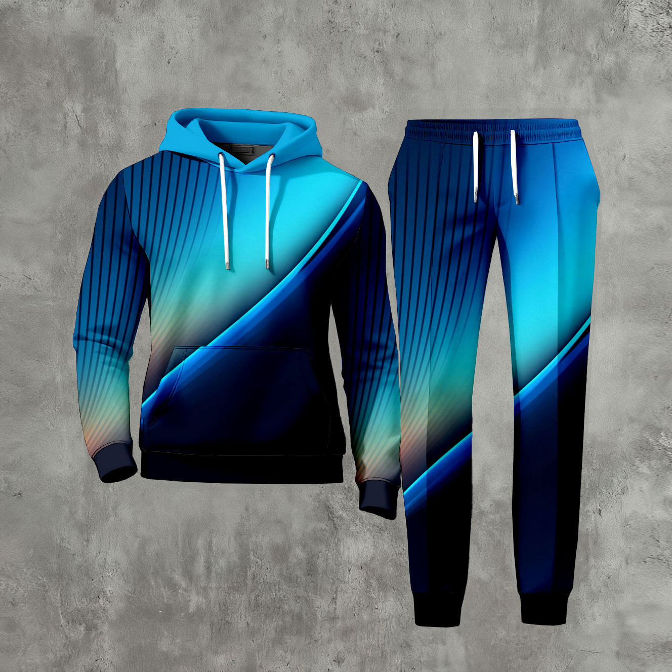 Conjunto de dos piezas casual Blue Gradient Color Matching estampado de manga larga sudadera con capuchas sudadera & Trousers para hombre