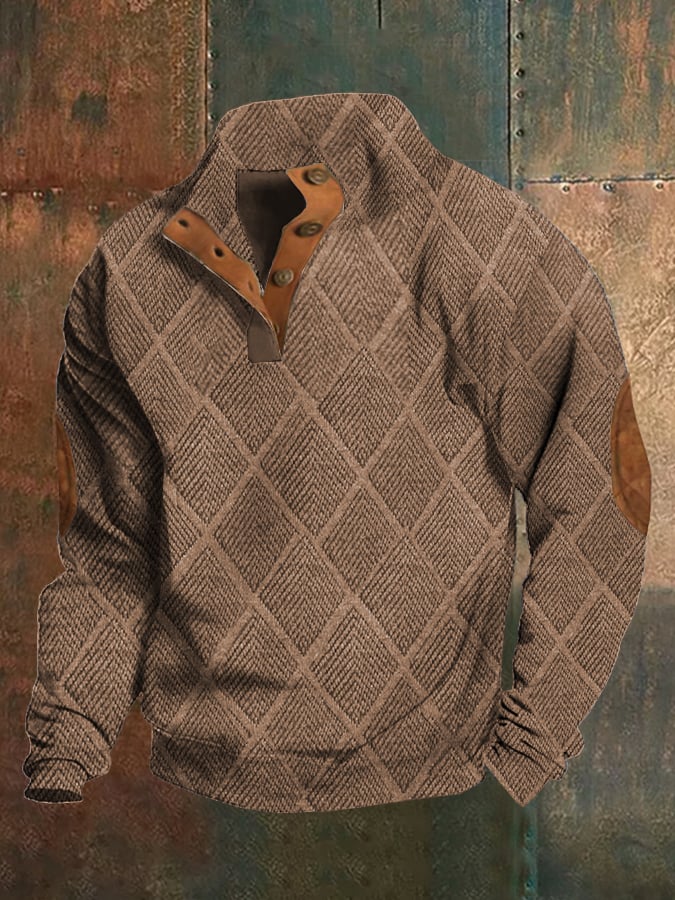 Sudadera retro estampado Stand cuello Button In Plush Fabric para hombre